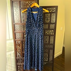 Halter neckline dark blue polka dot midi summer dress